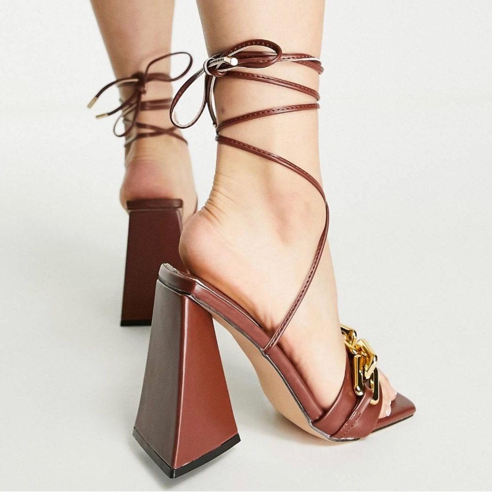 Heels by Truffle Collection| Tie-leg| Gold-tone chain| Open toe| High block heel